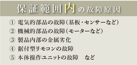 保証範囲内の故障原因。1電気的部品の故障（基板・センサーなど）、2機械的部品の故障（モーターなど）3製品内部の金属劣化、4据付型リモコンの故障、5本体操作ユニットの故障など